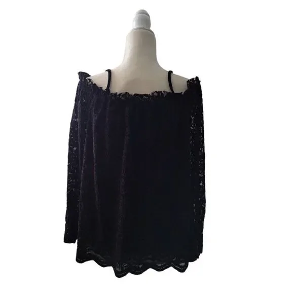 Anthropologie Eri + Ali Coldshoulder Lace Black Button Cuff Dark Boho Top Small - Picture 4 of 9